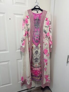 Floral Pink & Cream Long Printed Kaftan